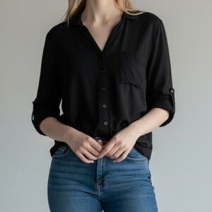 Be Cool 💯 Rayon Hi Lo Black Button Front Blouse – Size Large